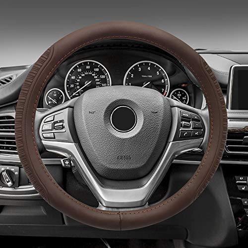 15 inch Sport Style Dark Brown Leather Steering Wheel Cover, with...