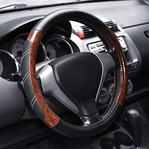 Elantrip Wood Grain Steering Wheel Cover Leather 14.5 to 15...