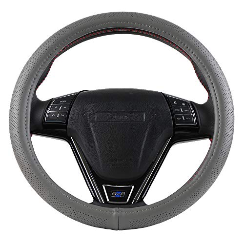 O SHI CAR Grey Genuine Leather 15' Standard Steering Wheel Cover...
