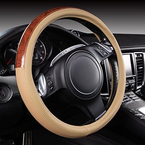 CAR PASS Wood Grain Microfiber Leather Steering Wheel Cover,...