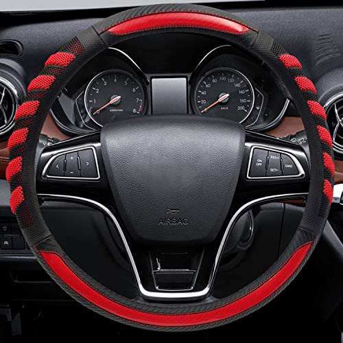 NICEASY Sport Style Dark Red Leather Steering Wheel Cover,Black...