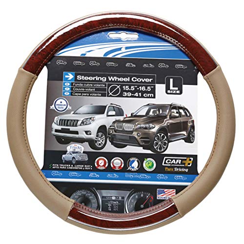 CAR+ P505179 Steering Wheel Cover, Tan/Wood Grain