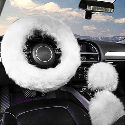8. ZWZCYZ 3Pcs Fuzzy White Steering Wheel Cover